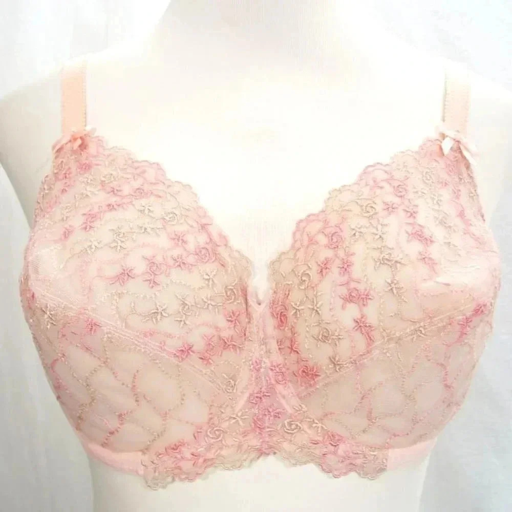 36DD Enamor FF07 Rose Semi Sheer Embroidered Lace Underwire Full Figure Bra Pink